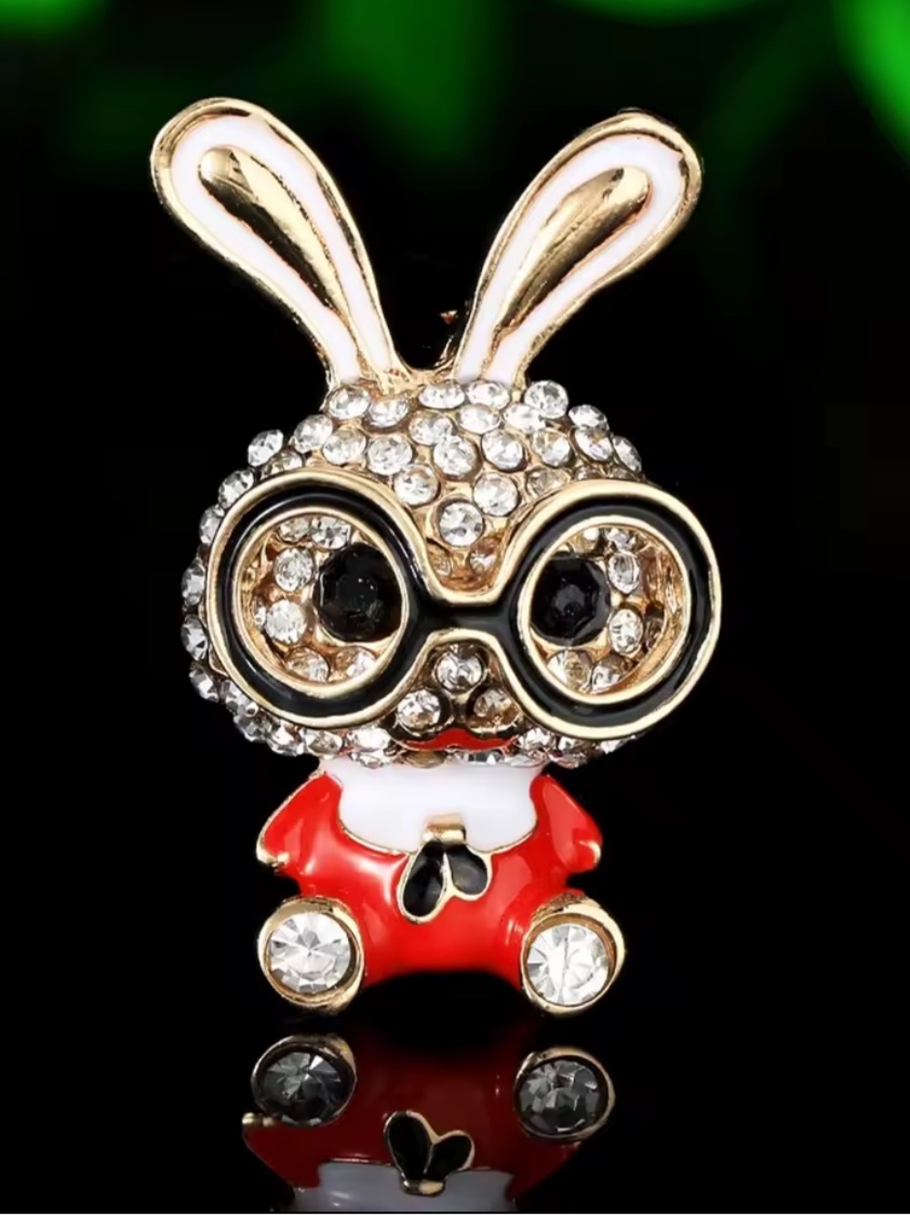 Cute Anthro  Gold-Tone Bunny Brooch with Red Enamel and Clear Crystals